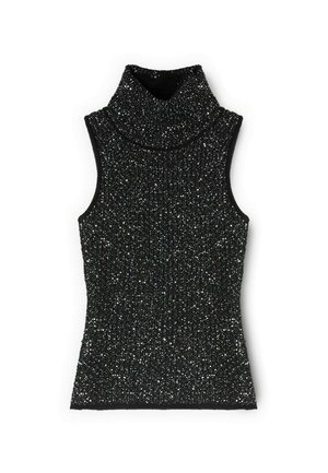 Top nero senza maniche con collo alto, realizzato in tessuto strutturato con scaglie di glitter argentati, caratterizzato da un ampio scollo a cappuccio.