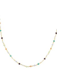 Goldene Halskette mit kleinen, bunten Edelsteinen: grün, blau, lila und pfirsichfarben. Jede Perle ist facettiert, was die Lichtreflexion verstärkt.