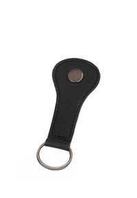 Black leather key holder with stitched edges, a metal snap button at the top, and a round metal key ring at the bottom.