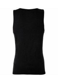 Svart ärmlös linne med ribbad textur, med rund halsringning och en åtsittande silhuett, som erbjuder en enkel, minimalistisk design.