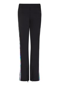 Zwarte performancebroek met een slim fit, voorzien van iriserende zijpanelen, ritsnaden en een gladde textuur. Duurzame stof voor actieve kleding.