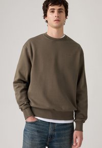 Sudadera verde oliva de corte relajado, con cuello redondo y puños acanalados, que presenta un pequeño logo en el pecho. Llevada sobre una camiseta blanca.
