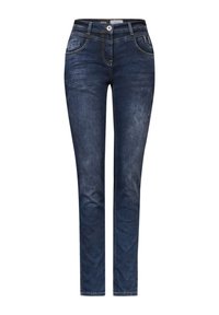 Jeans de mezclilla azul oscuro con un diseño ajustado, estilo de cinco bolsillos estándar y detalles de ligero desvanecimiento. Cuenta con un cierre de botón y lazos para cinturón.