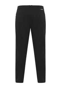 Zwarte outdoor broek gemaakt van lichtgewicht stof. Heeft een gladde textuur, een standaard tailleband en subtiele naden voor een gestroomlijnd ontwerp.