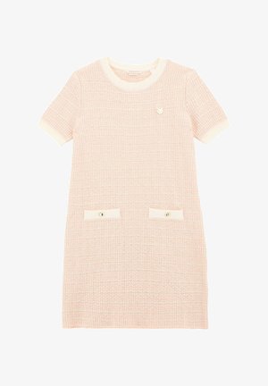 Šviesiai rožinė suknelė trumpomis rankovėmis, su tekstūruotu raštu, smėlio spalvos apdaila aplink kaklą ir rankoves, su dviem priekinėmis kišenėmis, dekoruotomis mygtukais.