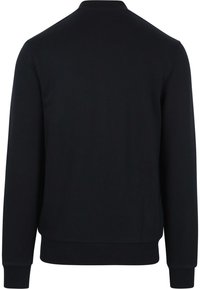 Sudadera negra con cuello redondo, mangas largas, puños y dobladillo acanalados, hecha de una tela suave y lisa sin marcas ni patrones visibles.