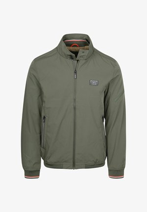 Olive green men's zip-up jacket with high collar, front zipper, two zippered side pockets, and a small logo patch on the chest.