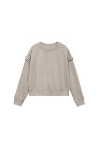 Svijetlosivi dukserica izrađena od mekog materijala, s opuštenim krojem, okruglim izrezom i lagano spuštenim ramenima.