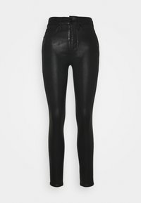 Svarta skinny jeans med hög midja, tillverkade av ett slätt, glänsande material. Har bälteslingor, framknäppning och dragkedja.