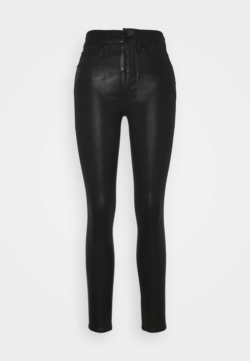 Svarta skinny jeans med hög midja, tillverkade av ett slätt, glänsande material. Har bälteslingor, framknäppning och dragkedja.