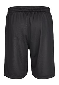 Zwarte sportshorts met een elastische tailleband, gemaakt van ademende stof, met een zachte textuur en een eenvoudig ontwerp.
