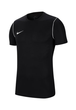 Camiseta atlética negra Dri-FIT de manga corta, con cuello redondo y ribete blanco a lo largo de las costuras de los hombros. Presenta el logo de Nike en el pecho.