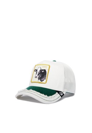 White baseball cap with green accents, featuring a black and white cow embroidery in a yellow square. Distressed brim and mesh back.