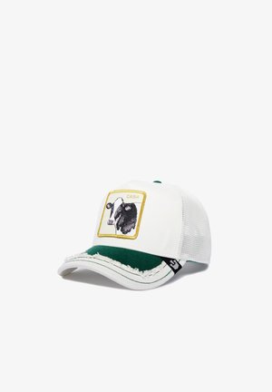 White baseball cap with green accents, featuring a black and white cow embroidery in a yellow square. Distressed brim and mesh back.