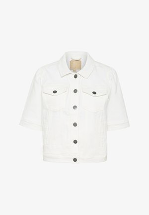 Valge äärekihiga lühikeste varrukatega jope kraes, kahe rinnakotiga ja mustade rõngastega. Omab vabamat lõiget ja peent tekstuuri.