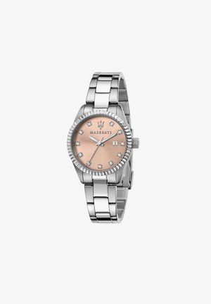 Orologio in acciaio inossidabile argento con quadrante rosa, indicatori delle ore in diamante, lunetta scanalata e finestra della data alle tre.