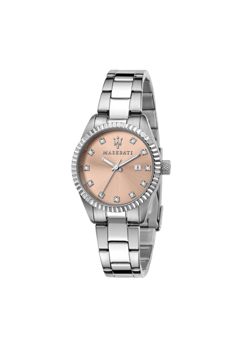 Orologio in acciaio inossidabile argento con quadrante rosa, indicatori delle ore in diamante, lunetta scanalata e finestra della data alle tre.