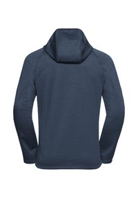 Felpa blu navy, tessuto morbido, maniche lunghe, forma aderente, caratterizzata da un colletto alto e cappuccio arrotondato, spalle senza cuciture e una texture sottile.