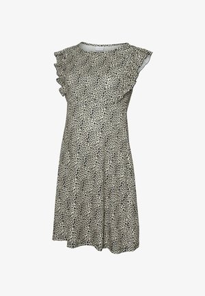 Leopardprint kjole i let stof, med volangærmer og en afslappet pasform, rund halsudskæring og knælangt design.