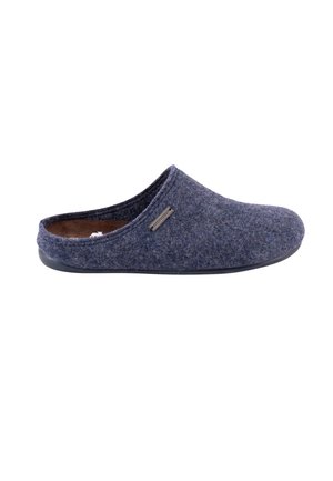 Soft blue-gray felt slip-on slipper with low back and black sole, featuring a small rectangular brand tag on the side.