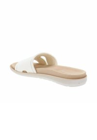 Sandalo bianco con parte superiore in plastica liscia, design aperto e soletta beige morbida. La suola è testurizzata per garantire aderenza e supporto.