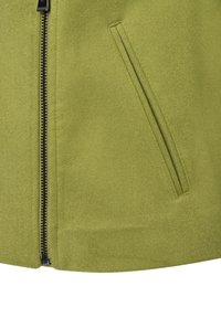 Grüner Fleece-Jacke mit einem auffälligen Reißverschluss und einer Seitentasche. Weiche Textur, strukturierte Form und klare Linien.