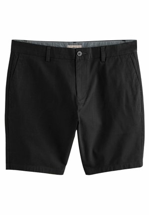 Svart chinoshorts med platt front, sidofickor och bälteshällor. Tillverkade av bomullsmaterial, med en slät textur och enkel design.