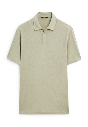 Polo shirt in lichtgroen, korte mouwen, zacht materiaal, met drie knoopsluitingen en een klassieke kraag. Glad oppervlak, zonder patronen of accenten.
