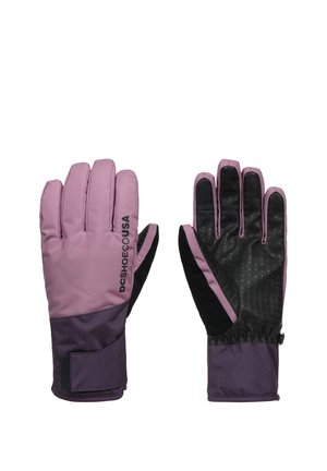 Paar lila und schwarze Winterhandschuhe, eines zeigt die Rückseite mit Logo, das andere zeigt die strukturierte Handfläche für besseren Griff und verstellbaren Handgelenkriemen.