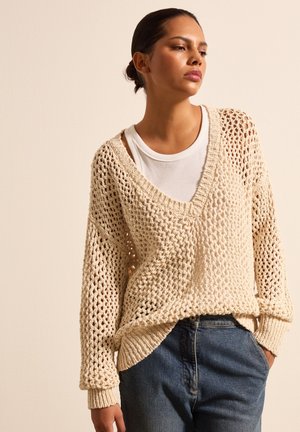 Stefanel OPENWORK WITH V NECK - Strickpullover - light beige