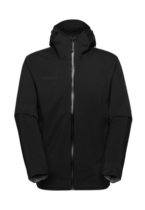 Veste noire à capuche avec fermeture éclair frontale, manches longues, et logo Mammut sur la poitrine gauche et le haut de la manche gauche.