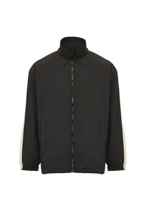 Black jacket with high collar, full zip front, and elastic cuffs. Features cream-colored stripes along sleeves and front pockets.