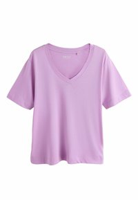 T-shirt lilas à manches courtes avec col en V, coupe décontractée et tissu doux, marque "NEXT" visible à l'intérieur du col.