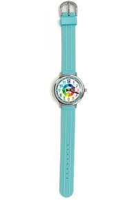 Montre pour enfant avec un bracelet en silicone turquoise et un cadran rond coloré affichant des chiffres en rouge, bleu, vert, jaune et noir. Quincaillerie en argent.