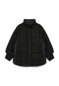 Giacca a vento nera in stile puffa con superficie textures e dall'aspetto metallico, colletto alto e maniche lunghe con polsini aderenti.