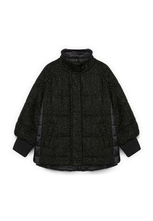 Giacca a vento nera in stile puffa con superficie textures e dall'aspetto metallico, colletto alto e maniche lunghe con polsini aderenti.