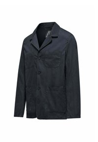 Giacca informale blu navy con maniche lunghe, tre bottoni frontali e tre tasche applicate, esposta su uno sfondo bianco.
