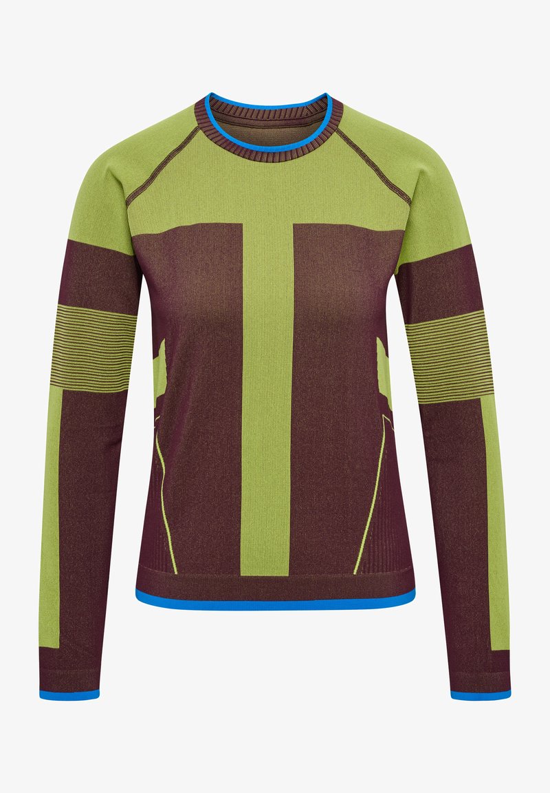 Langärmliges sportliches Oberteil in Grün und Kastanienbraun, mit strukturierten Streifen, blauen Akzenten und rundem Ausschnitt. Hergestellt aus atmungsaktivem, elastischem Material.