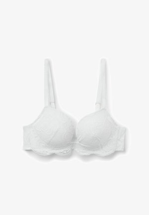 Soutien-gorge en dentelle blanche avec des bonnets rembourrés, des bretelles réglables et des bords festonnés. Présente des motifs floraux complexes et une texture lisse.