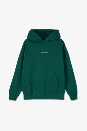 Un sweat à capuche vert avec une poche kangourou, un cordon de serrage pour la capuche, des poignets et un ourlet côtelés, arborant le logo "PEGADOR" en blanc au centre avant.