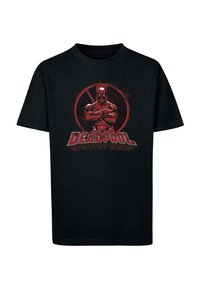 Black cotton t-shirt featuring a red Deadpool graphic with a circular emblem and the text "DEADPOOL" in bold red and white font.