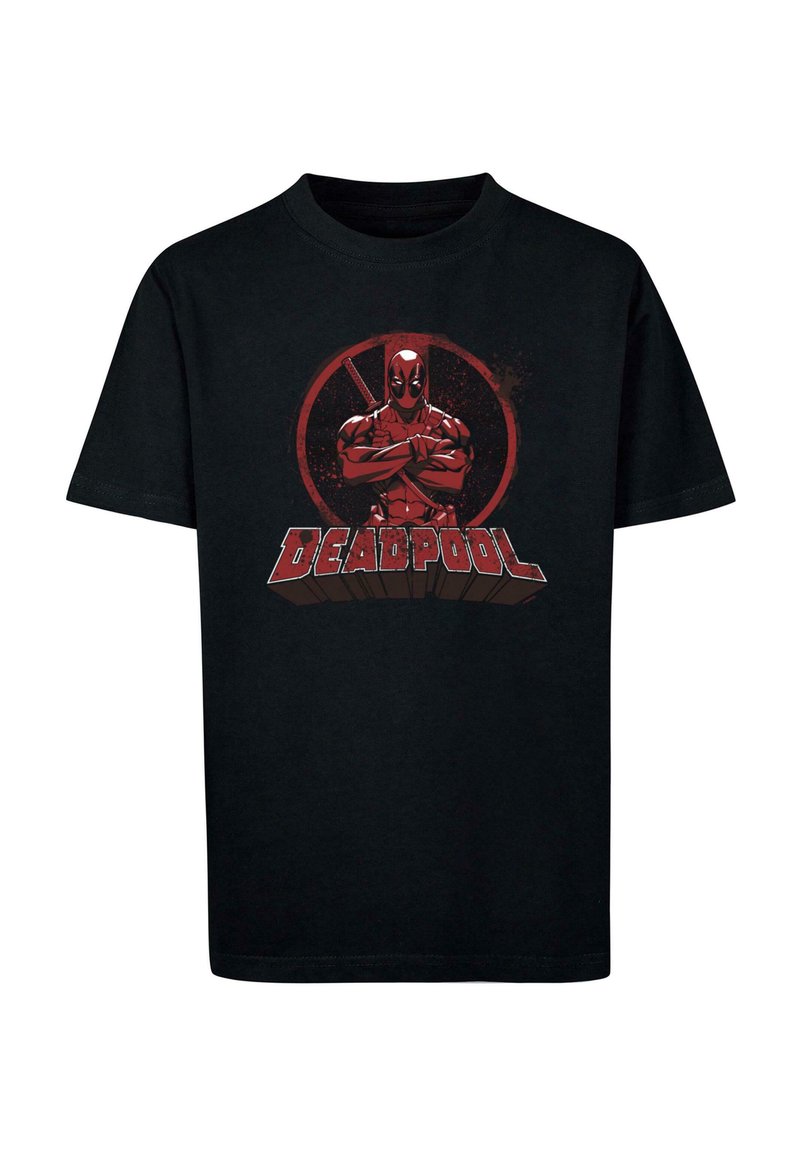 Black cotton t-shirt featuring a red Deadpool graphic with a circular emblem and the text "DEADPOOL" in bold red and white font.