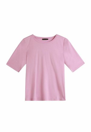 Roze T-shirt met korte mouwen van zachte stof, met een ronde hals en een losse pasvorm, zonder patronen of versieringen.