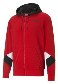 Rode rits hoodie van zacht materiaal, met een zwarte gevoerde capuchon, zwart-witte accenten op de mouwen en een Puma-logo op de borst.