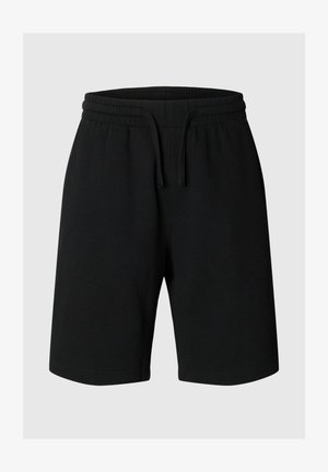 Svarte knelange shorts med elastisk midje og snøring, vist på ensfarget lysegrå bakgrunn.