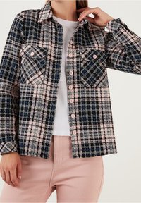 Camicia a quadri in blu navy, rosa e nero con due tasche sul petto e chiusura a bottoni. Tessuto testurizzato con colletto classico e maniche lunghe.