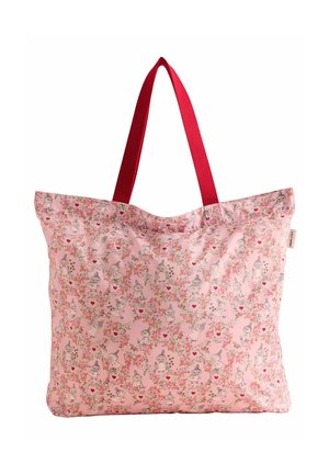 Pink patterned tote bag with red fabric straps, featuring illustrations of characters and flowers, made from lightweight material with a soft texture.