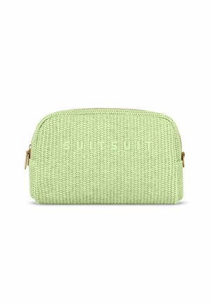 Green woven cosmetic bag with a rounded shape, textured surface, and embossed brand name, featuring a gold zip and pull tab.