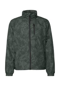 Dark green, lightweight jacket with a marbled texture, zippered front, high collar, and side pockets. Elastic cuffs and waistband.