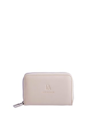 Cartera rectangular beige con cremallera, con el logo «Don Algodon» en relieve y tirador de cremallera metálico grabado con el nombre de la marca.